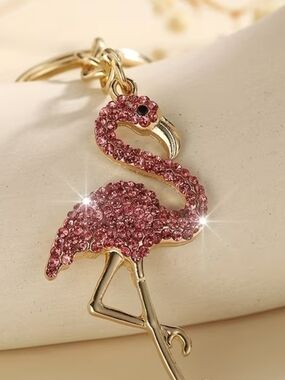 Gold-Tone Pink Crystal Flamingo Pendant Keychain